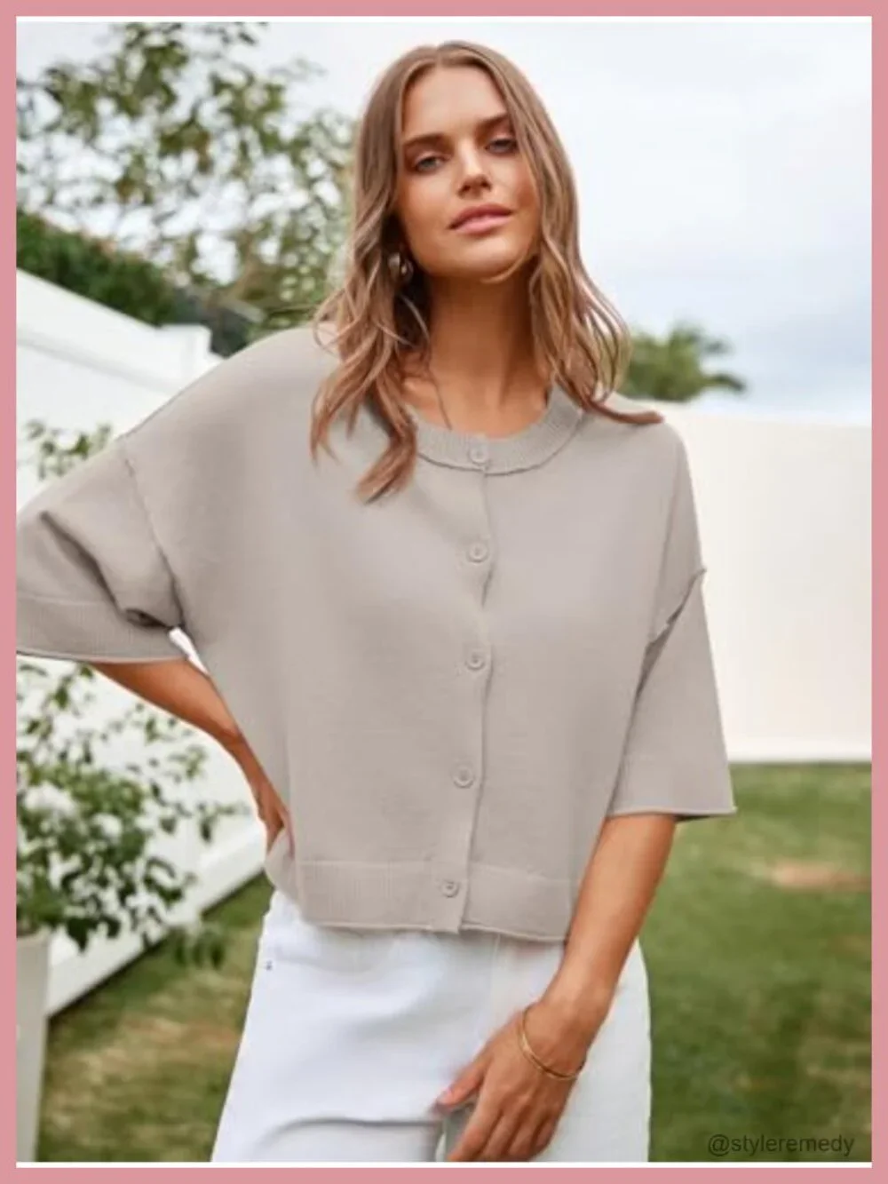 Oversized Cropped Half Sleeve Cardigan Button Front Loose Fit Knit Sweater